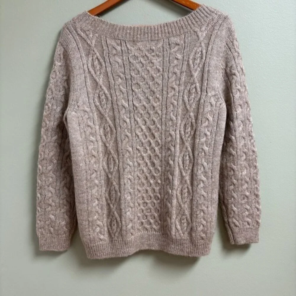 Club Monaco Womens Cable‎ Knit Sweater Size L Beige Quiet Luxury Mohair Blend